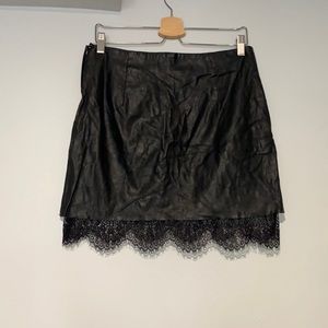 Black Faux Leather Skirt with Lace Trim